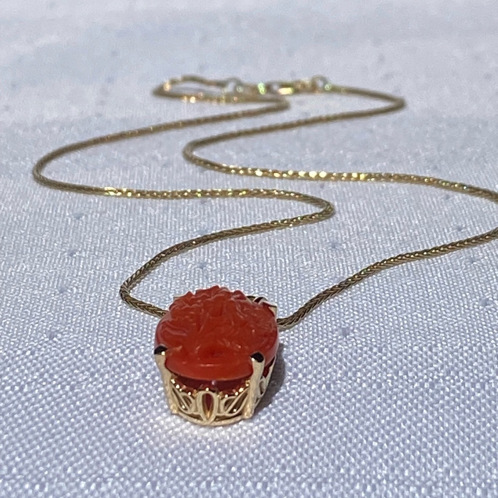 14k Solid Gold Italian Coral Floral Filigree Pendant Necklace 5.19g - Picture 12 of 16